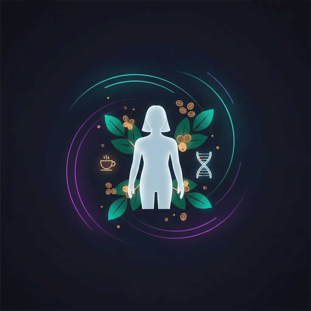 Abstract illustration of energy and metabolism: stylised human silhouette with botanical shapes, energy spirals in purple and teal