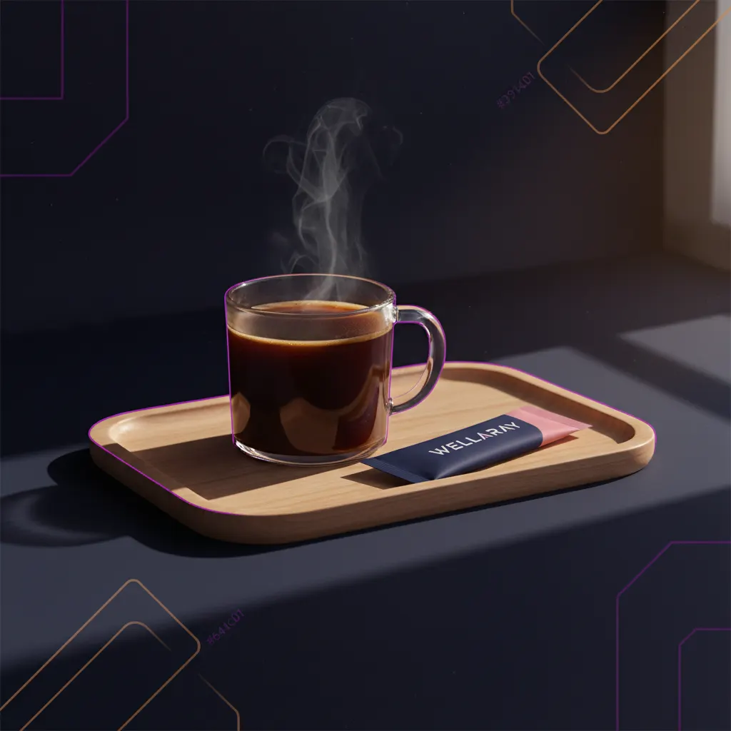 Morning wellness routine with a supplement coffee mug on a tray